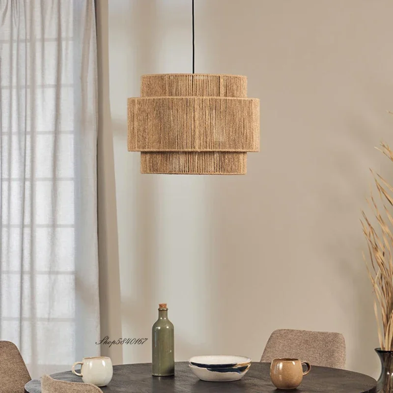 Estilo japonês rattan luzes pingente vintage criativo corda de cânhamo luz pingente para sala estar jantar restaurante lâmpada rattan