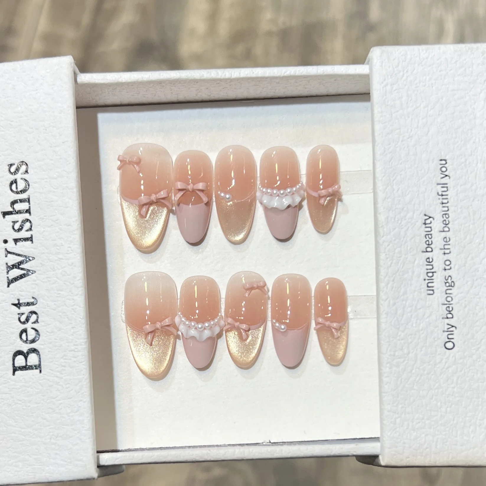 

10 шт., ручная работа, сладкий крутой пресс для ногтей, градиентные фиолетовые накладные ногти, многоразовые носимые корейские розовые банты, декор, накладные ногти