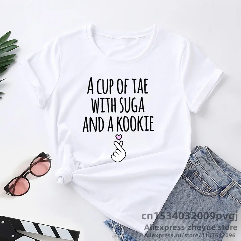 A Cup of Tae with Suga and A Kookie Printed T-Shirt Women Korean Kdrama Idol Fashion Kpop Merch V Jhope Suga RM Jungkook Tee