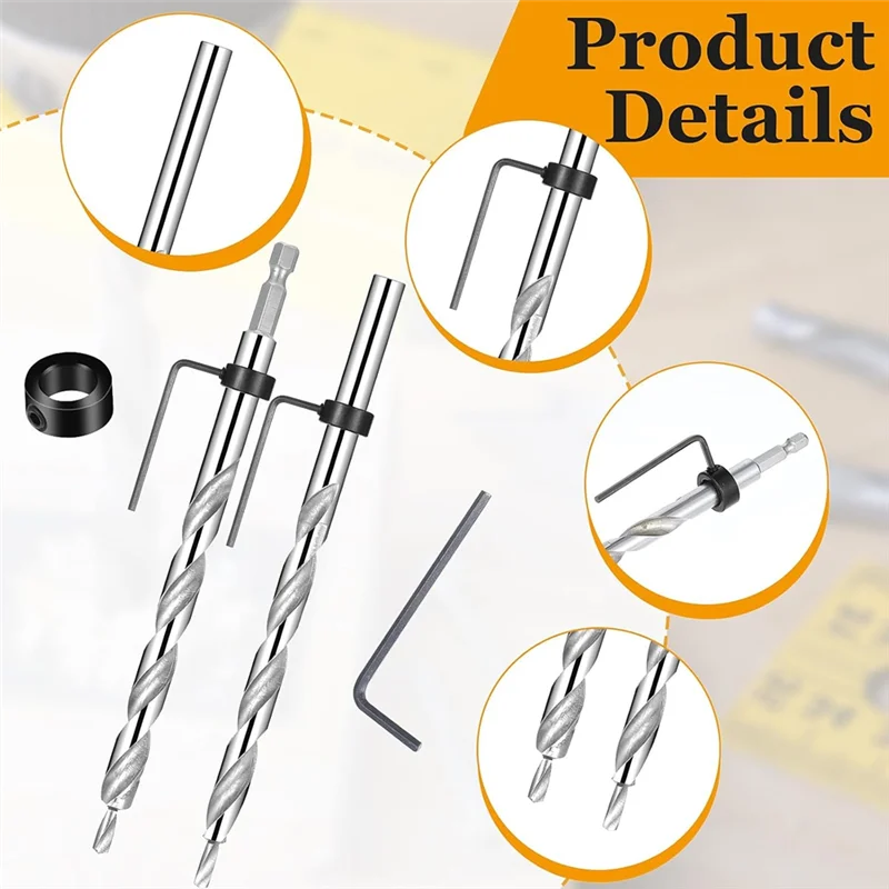 ABNL 3/8 Inch Pocket Hole Drill Bit 1/4 Hex Shank Andround Shank Replacement Drills Withdeep Drill Stop Formanual Pocket