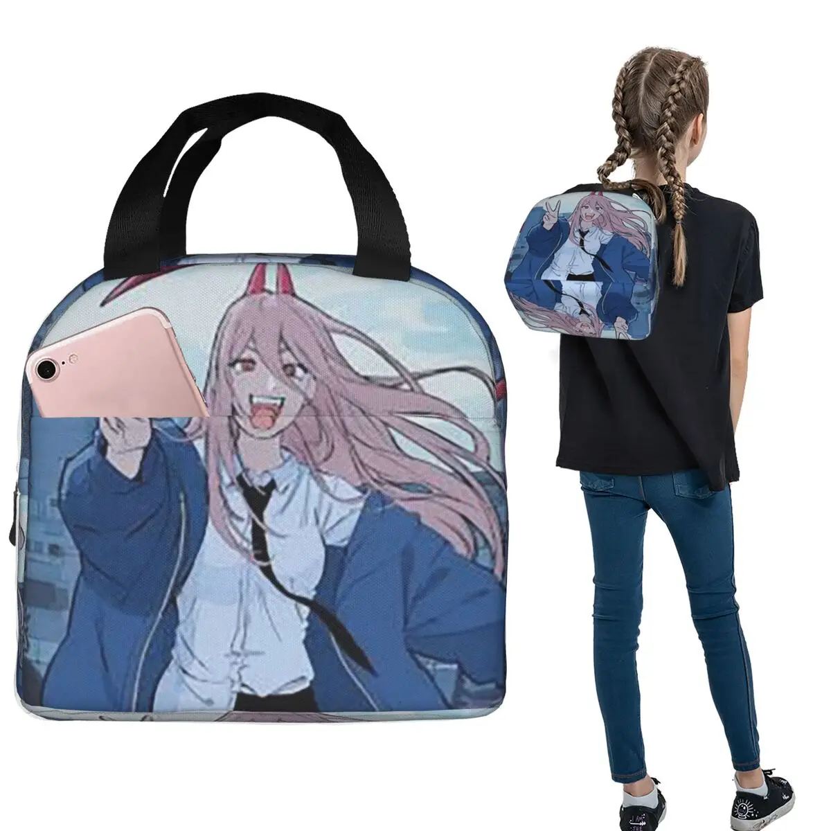 Power Anime Chainsaw Man Insulated Lunch Bag for Women Children Portable Food Boxes Thermal Lunch Box Tote