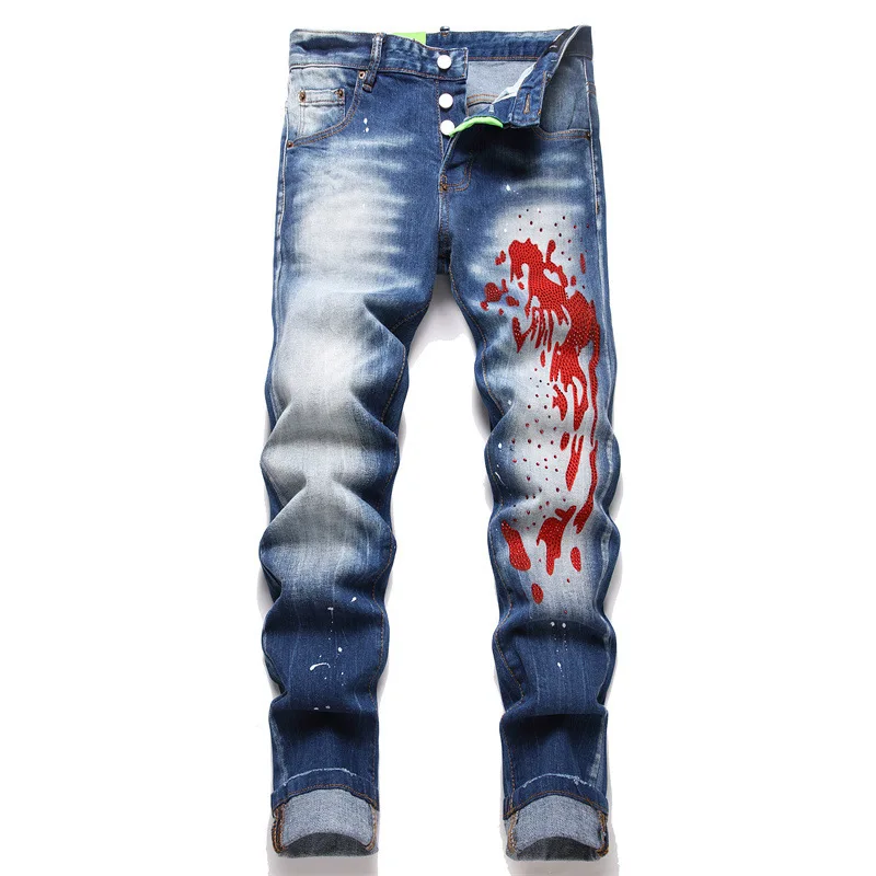 Neue Mode Männer High Street Strench Fit Jeans Blau Zerrissene Streetwear Denim Jeans Qualität Männlich Dünne Lange Jeans Hosen Größe 38