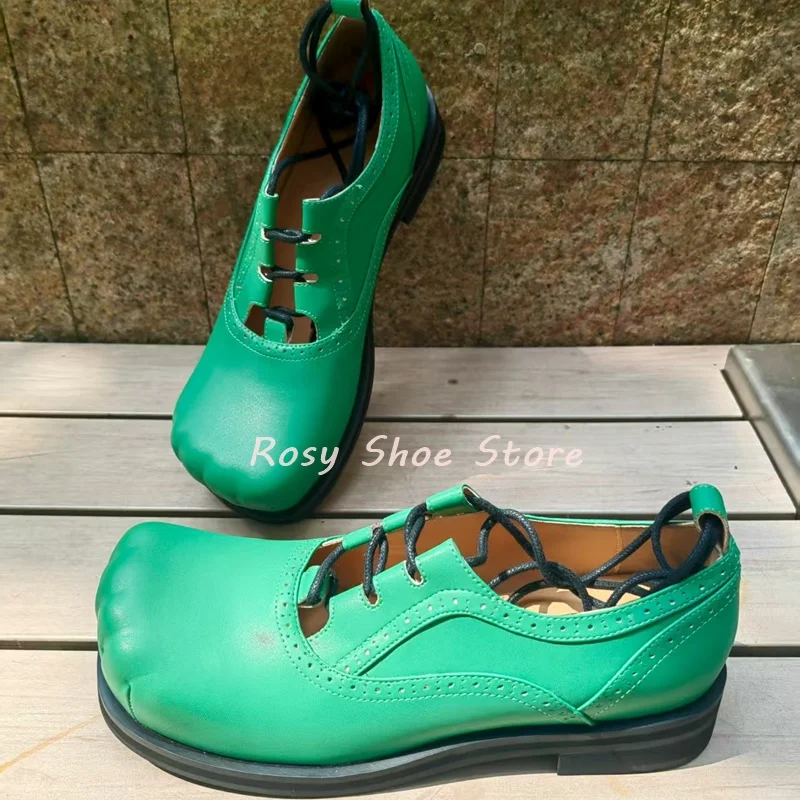 

Big Head Cat Claws Decoration Toe Men's Leather Shoes Soft Leather Lace Up Green Summer Spring Men's Stylish Flat Leisure Shoes