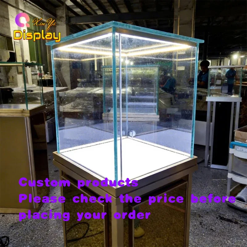 custom.Modern Tempered Glass Display Pedestal Polished Frame Dual LED Lights Waterproof Eco-Friendly Professional Jewel