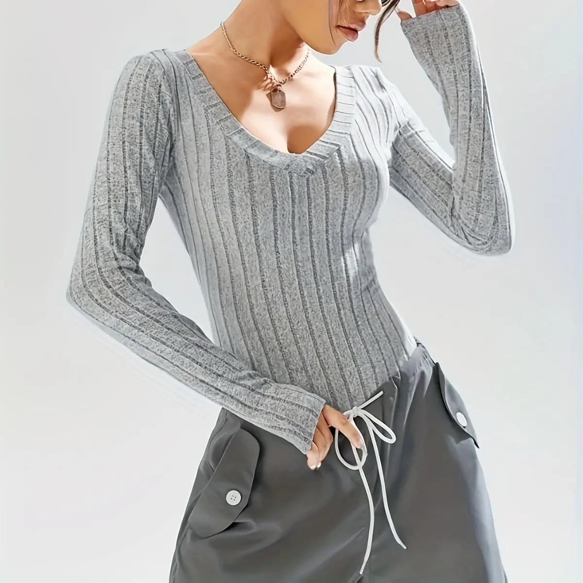 Body de punto acanalado para mujer, traje de cuerpo con cuello de pico, Top de manga larga para mujer, trajes de otoño e invierno, color gris y negro, 2024