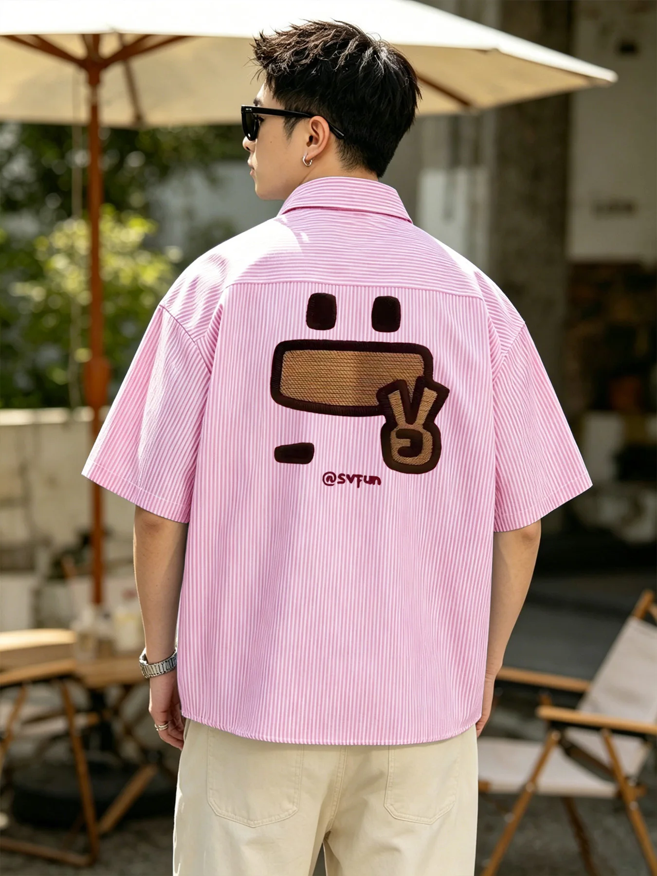 

Summer Trendy Men's Korean-style Fashion Cartoon Fun Back Pattern Short Sleeve Striped Casual Shirt