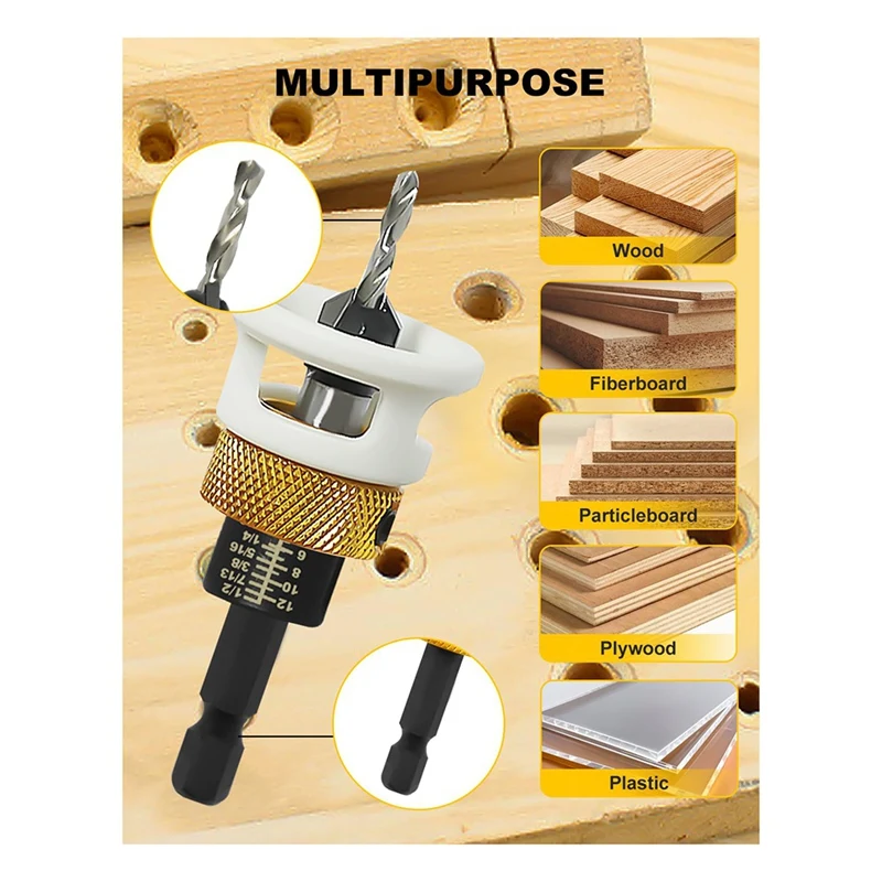 ABRE-5Pcs Hex Shank Countersink Drill Bits Set With Low Friction Depth Stop,1/4 Inch Quick Change Hex Shank Countersink Drill