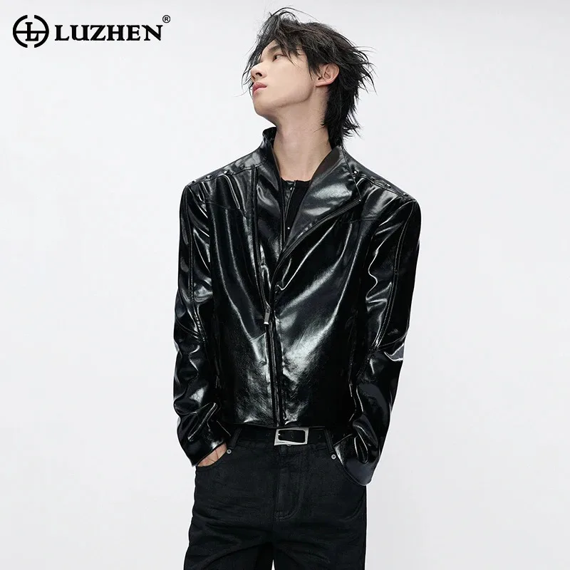 LUZHEN 2026 New Fashion Slant Zipper Placket High Quality Leather Pu Jacket Men Original Slim Fit Motorcycles Short Coat JY9451