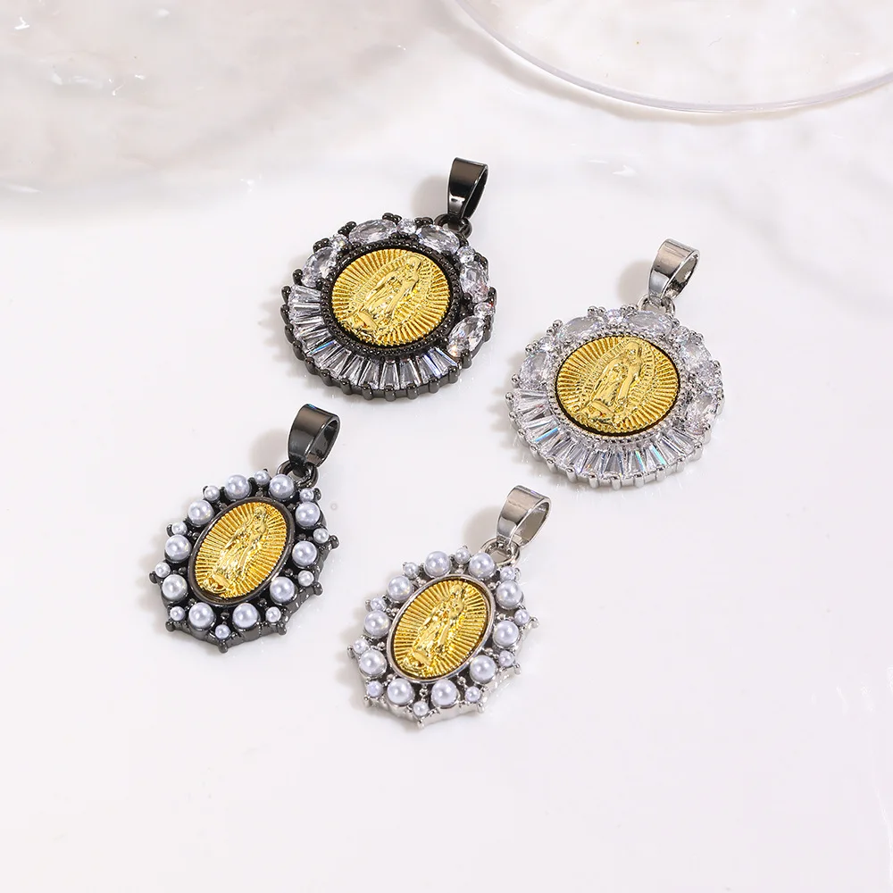 3Pcs Geometric Round Religious Copper Plated Two-Color Virgin Necklace Pendant Fashion Personality Oval Necklace Pendant Jewelry