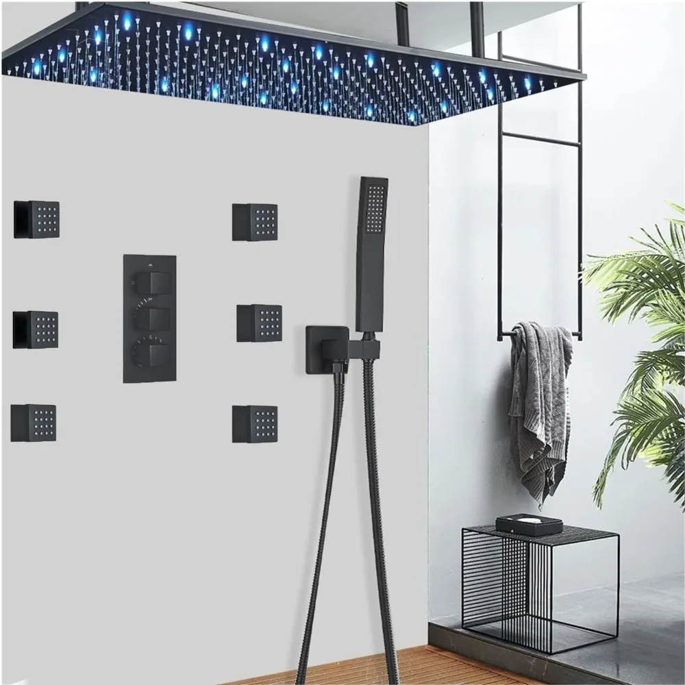 

Black Thermostatic Shower Head Combo Set Rainfall Shower System with 6 Body Jets
