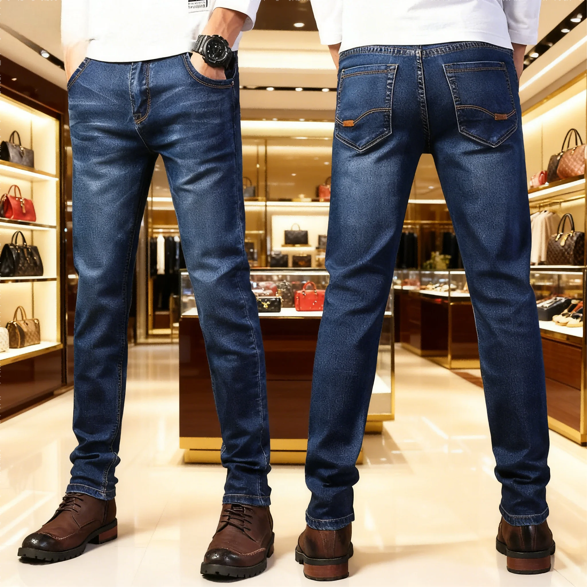 جديد ربيع 2025 جينز ضيق كلاسيكي ضيق للرجال نمط الشارع غير رسمي جينز ضيق للرجال بقصة ضيقة من قماش الدنيم الأزرق #1