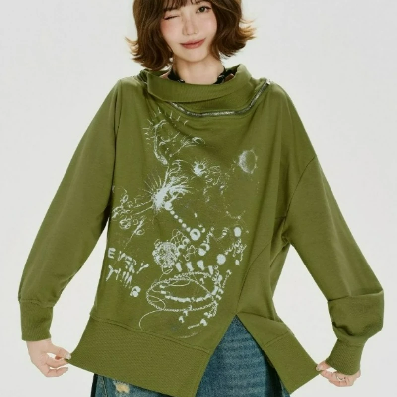 Spring/Autumn New Style Fashionable Loose Versatile Top American Retro Printed Zipper Design Long-sleeved Sweatshirt for Women