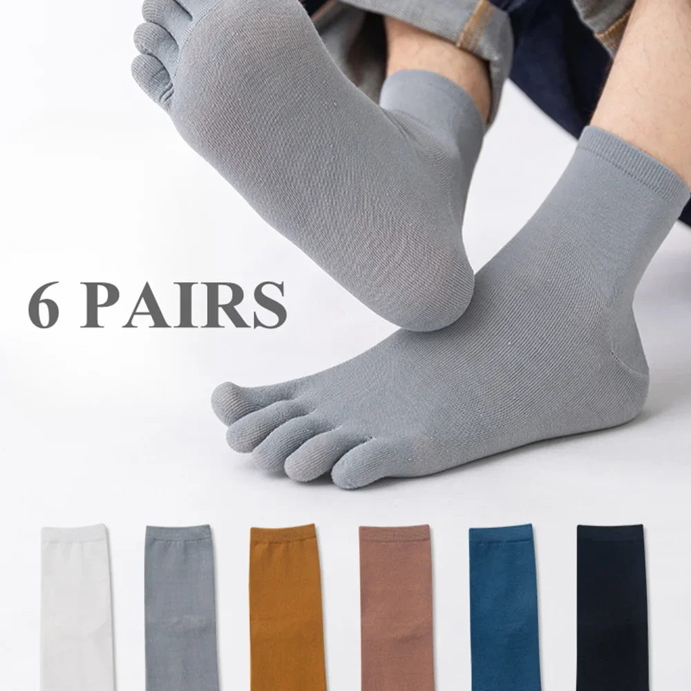 6 Pairs Men Toe Socks High Quality Cotton Five Finger Socks Middle Tube Crew Sports Athletic Socks with Separate Fingers