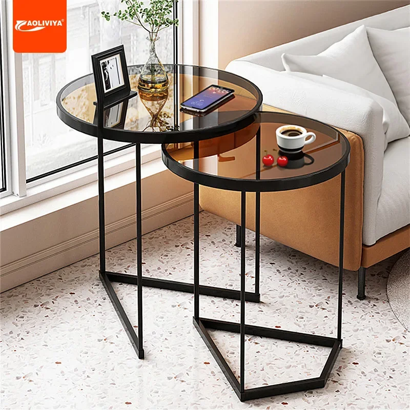 

Aoliviya Light Luxury Sofa Side Table Italian Small round Side Table Modern Simple Tempered Glass Small Apartment Corner Table C