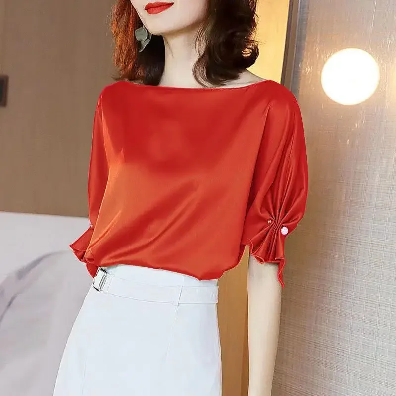 Temperament Solid Color Pleated Blouse Summer New Short Sleeve All-match Loose Trend Shirt Tops Elegant Fashion Women Clothing