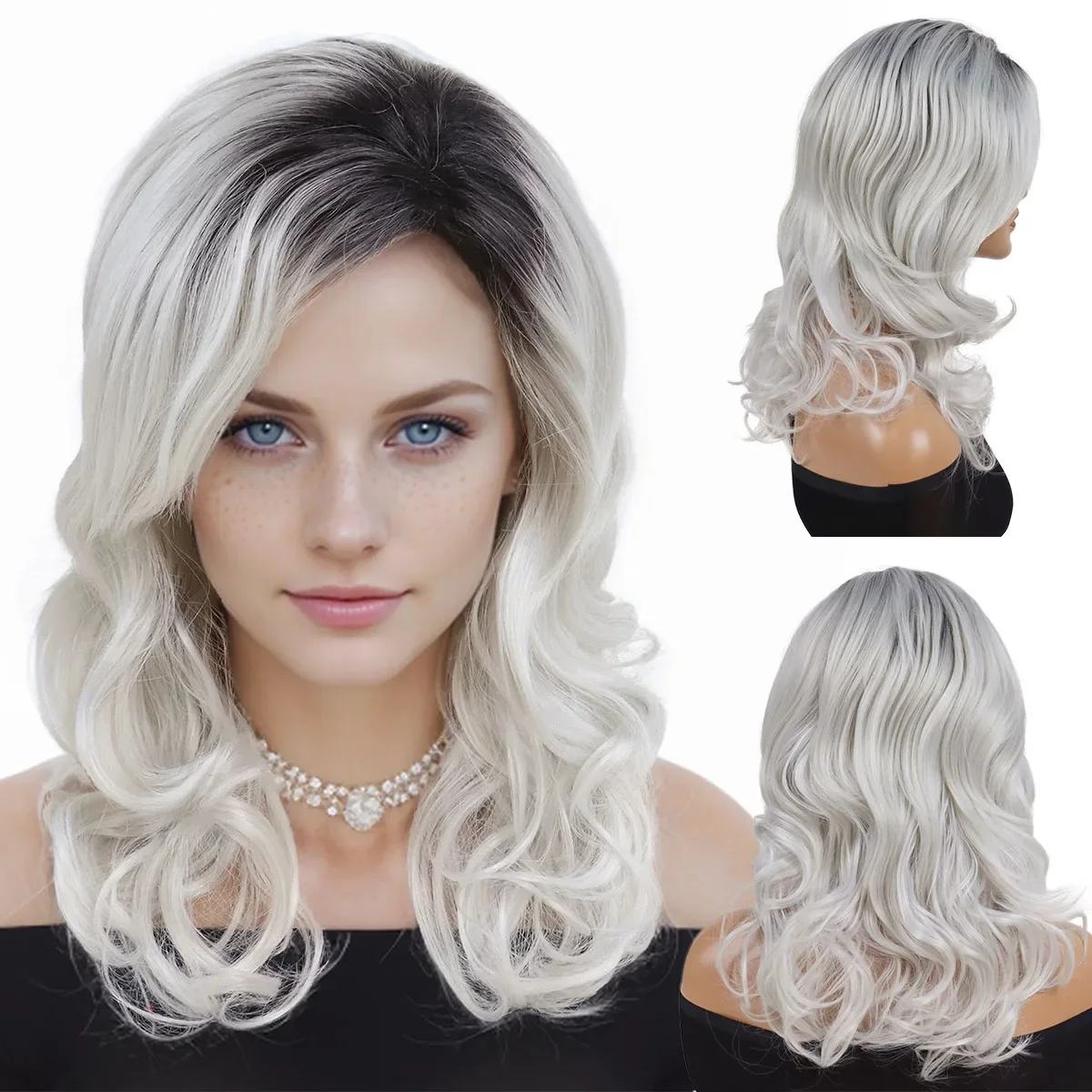 

Premium Synthetic Hair Blonde Wigs for Dolls Bride of Chucky Cosplay Wig with Side Bangs Long Curly Black Roots Natural Straight