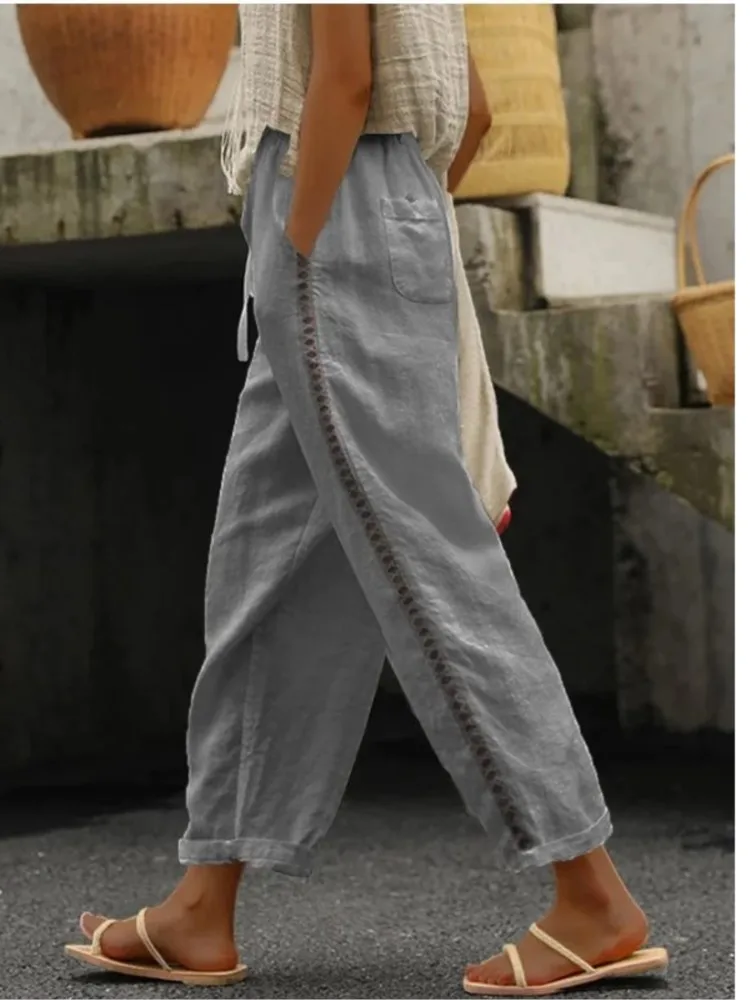 Casual Solid Pants Female Fashion Lace Hollow High Waist Long Pants For Women Office Holiday Womens Clothing Spring Summer New
