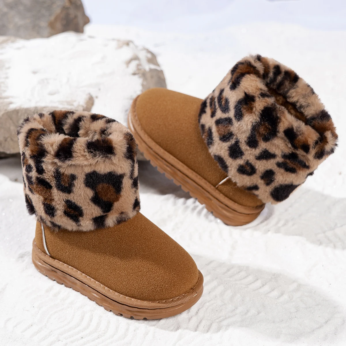 Faux Fur Winter Boots For Girls Leopard Trend Fashion Teenager Girl's Snow Boots Platform Velvet Children's Plush Boots