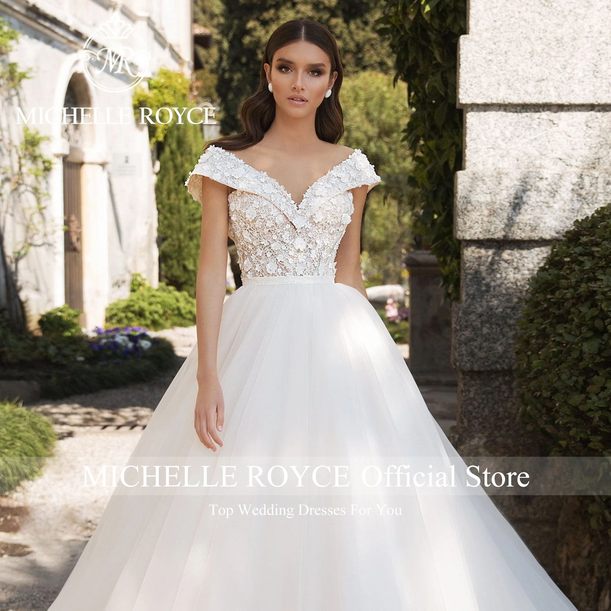 Michelle Royce-vestido De Novia sin espalda para mujer, traje De boda con cuello en V, hombros descubiertos, apliques, 2023