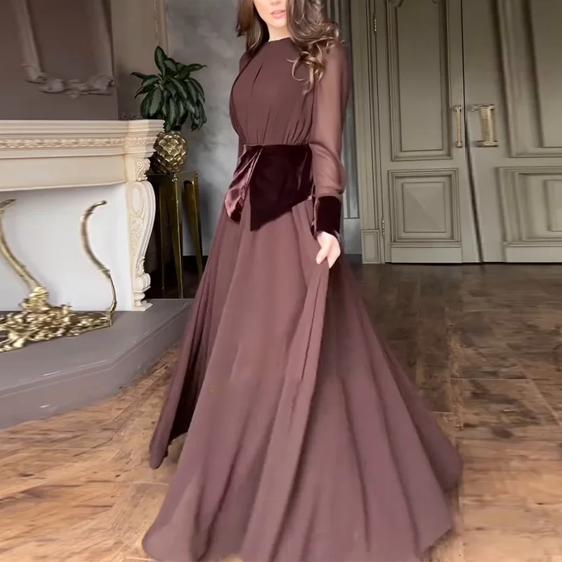 

Classic Formal Evening Gowns Splicing Large Swing Long Style Prom Party Gowns Vintage Dubai Saudi Arabic Women Party Robes