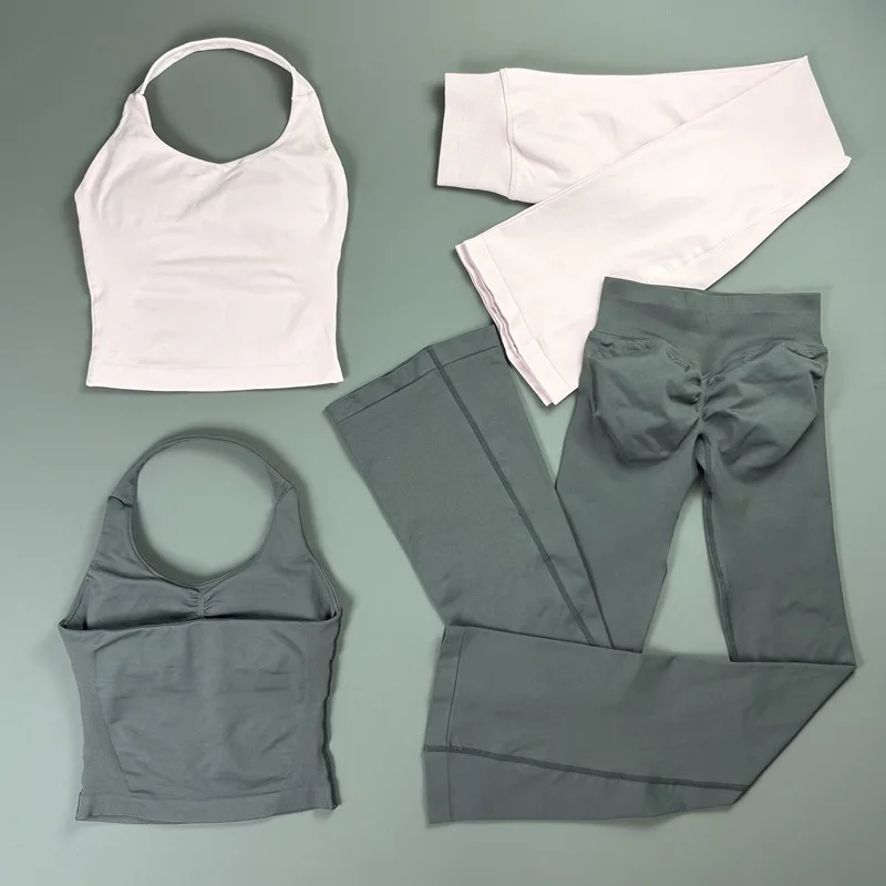 Nahtloses Flare-Leggings-Set: Ärmelloses Sport-Neckholder-Workout-Set mit Bauchkontrolle, ausgestellte Hosen, Anzug für Gym, Fitness, Freizeit und Streetwear – Detail 13