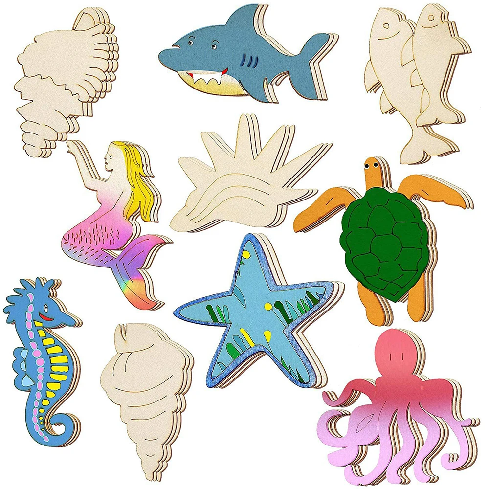 10pcs/Set Marine Animals Octopus Starfish Mermaid Turtle Wooden Children\'s Color Painting Wooden Crafts Party DIY Decoration