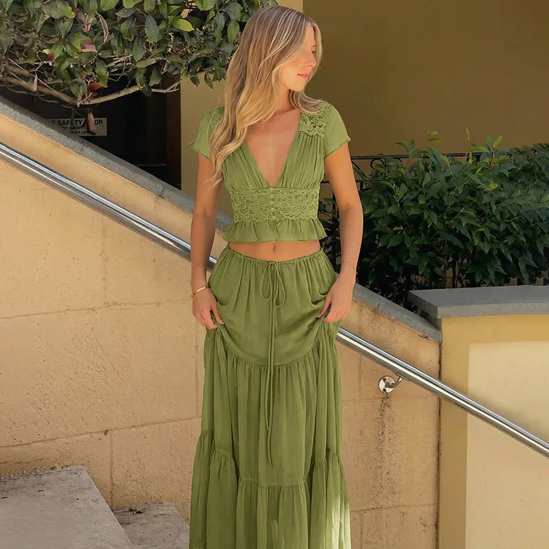 Women's 2-Piece Chiffon Skirt Set: V-Neck Top and Maxi Skirt