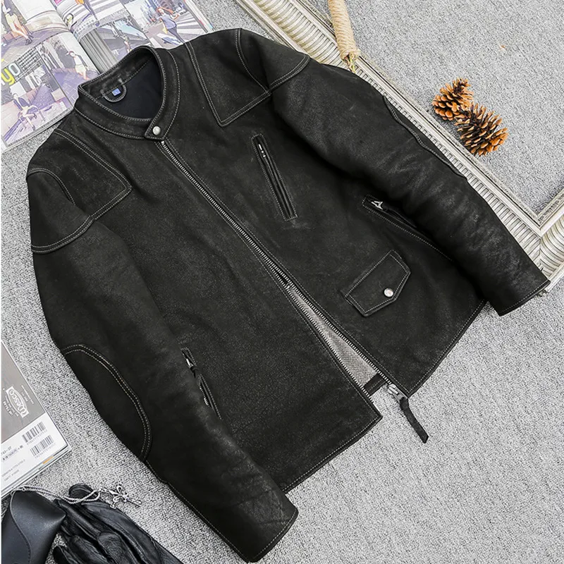Black Spring Leather Jacket Men Sports Style Plus Size 4XL Genuine Natural Cow Suede Stand Collar Slim Fit Leather Coat