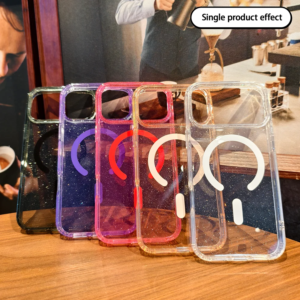 Capa Magnética Transparente com Glitter para iPhone 17, 17 Pro, 17 Air, 17 Pro Max, Capa de Celular com Carregamento Sem Fio de Metal