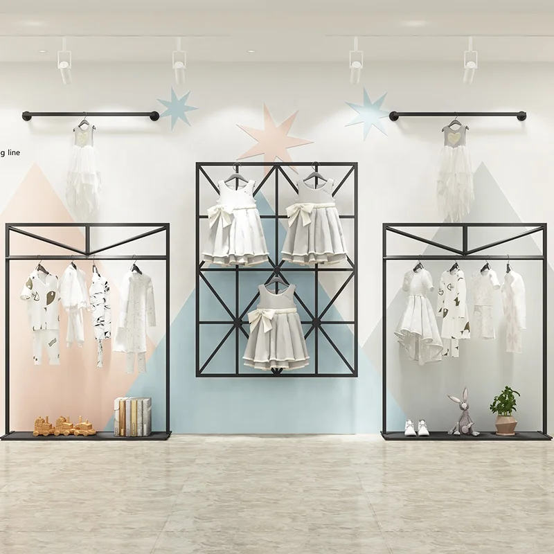 customized.Retail Clothing Store Black Display Rack Shop Child Wall Mounted Clothing Display Rack