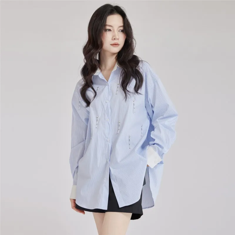

Johnature 2025 Autumn Beaded Lapel Striped Loose Shirt Women New Casual Simple Contrast Shirts