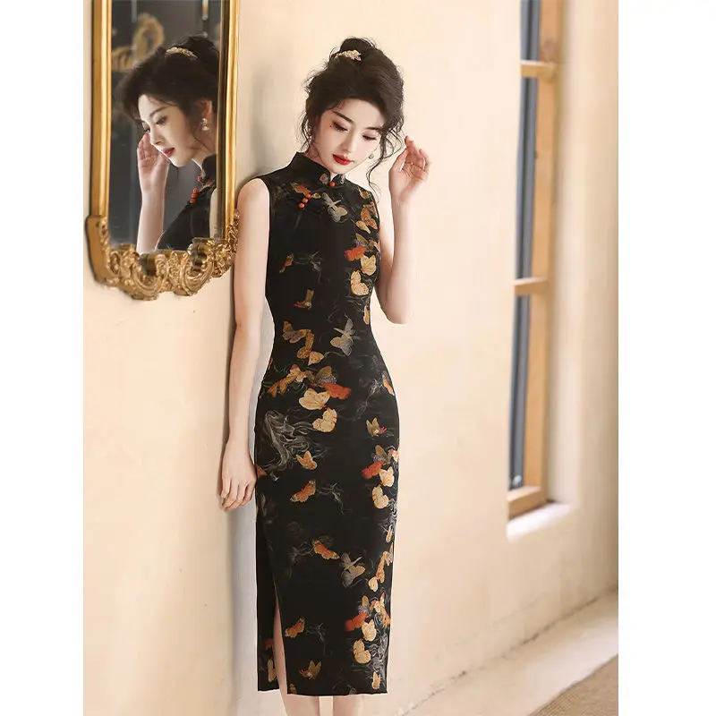 Vintage Black Butterfly Old Shanghai Sleeveless Cheongsam Dresses with Cardigan Women's Improved Vietnamese Dress Mother's Day