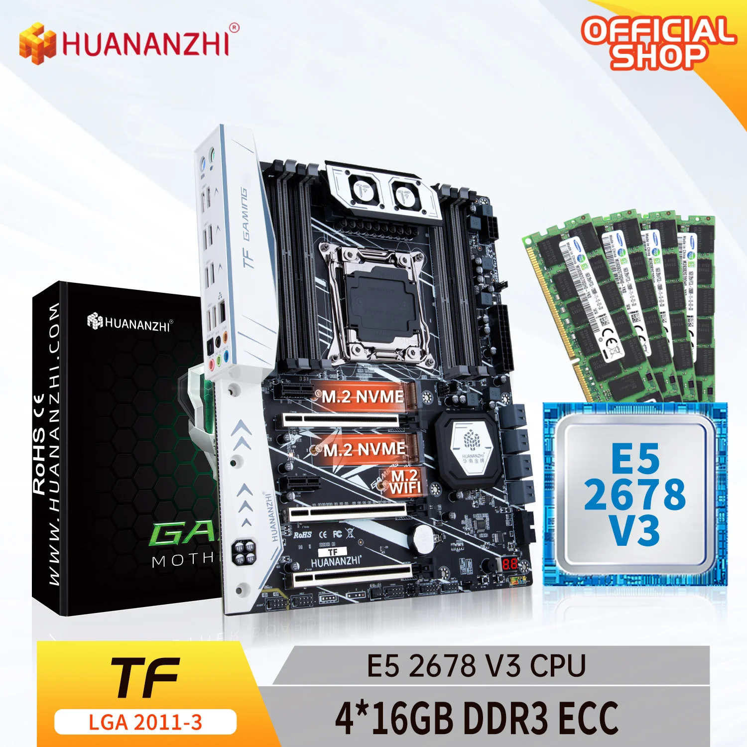 HUANANZHI X99 TF LGA 2011-3 XEON X99 Motherboard with Intel E5 2678 V3 with 4*16G DDR3 RECC memory combo kit set NVME