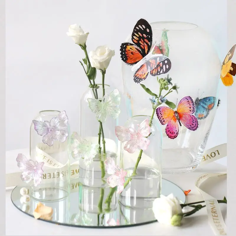 3D-butterfly Vase Ornament, Small Fresh and Light Luxury, High-end Living Room Glass Hydroponic Bottle Flower Arrangement Device