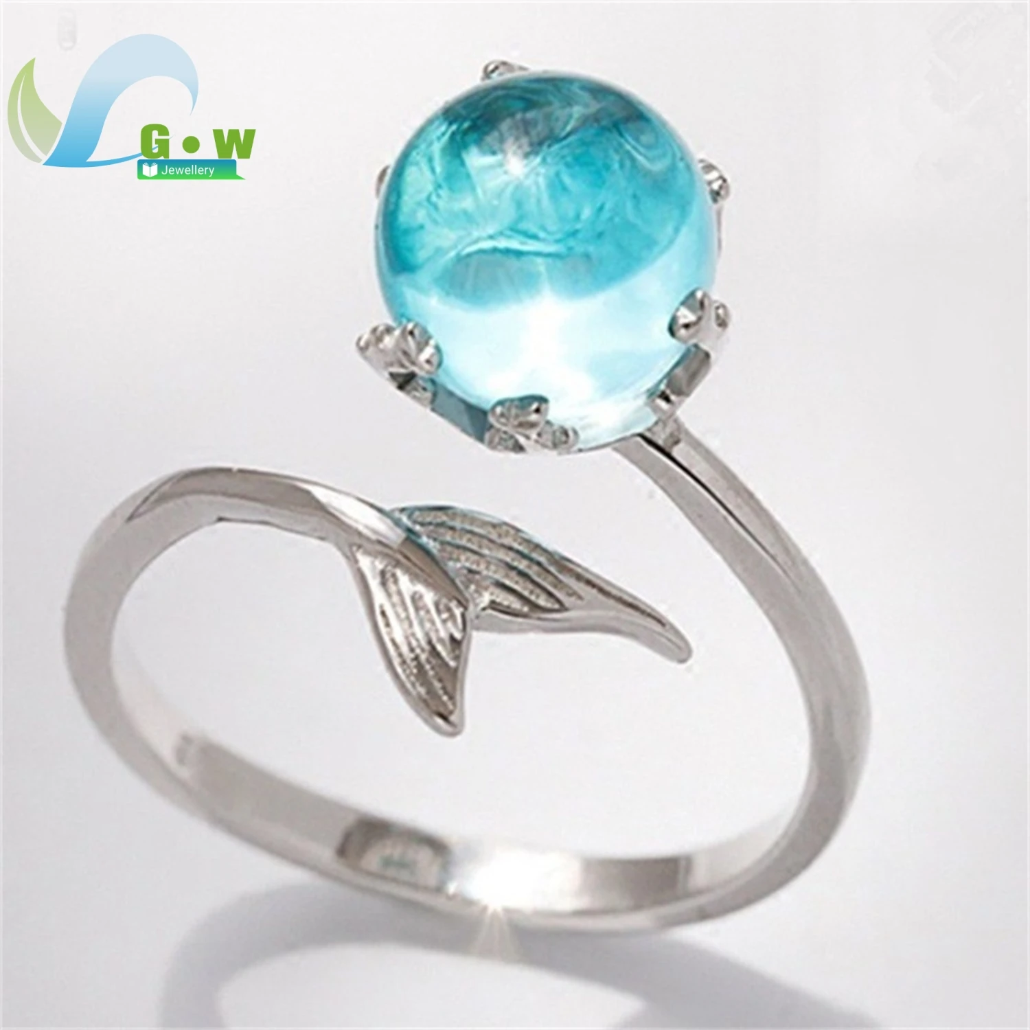 Anillo Abierto Ajustable con Tema de Sirena, Cristal Azul, Cola de Pez, Estilo Coreano Minimalista, Apilable, Joyería para Mujer