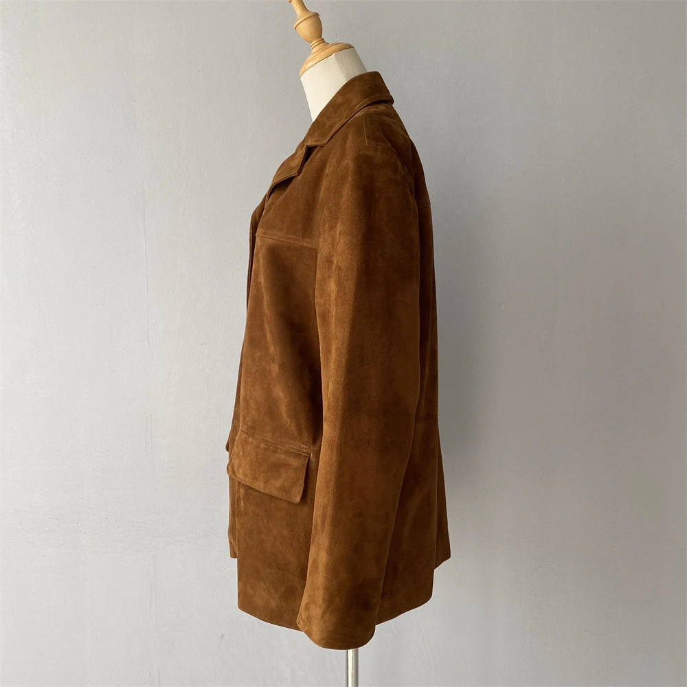 Jxwatcher Damen-Jacke aus echtem Wildleder, 2025, Frühling und Herbst, modischer, übergroßer Leder-Blazer, hochwertiger Wildleder-Anzug mit Oberschicht