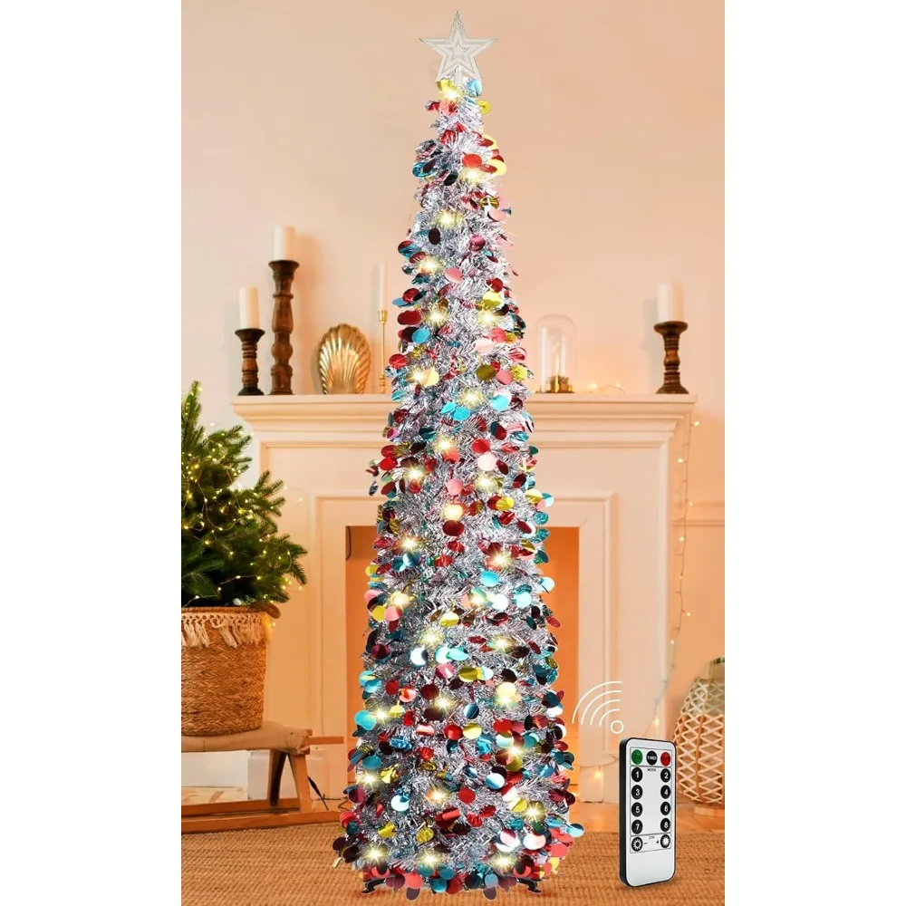 

Collapsible Sequin Artificial Christmas Tree with Remote-Controlled 8-Mode Lights, 5 Feet Tall