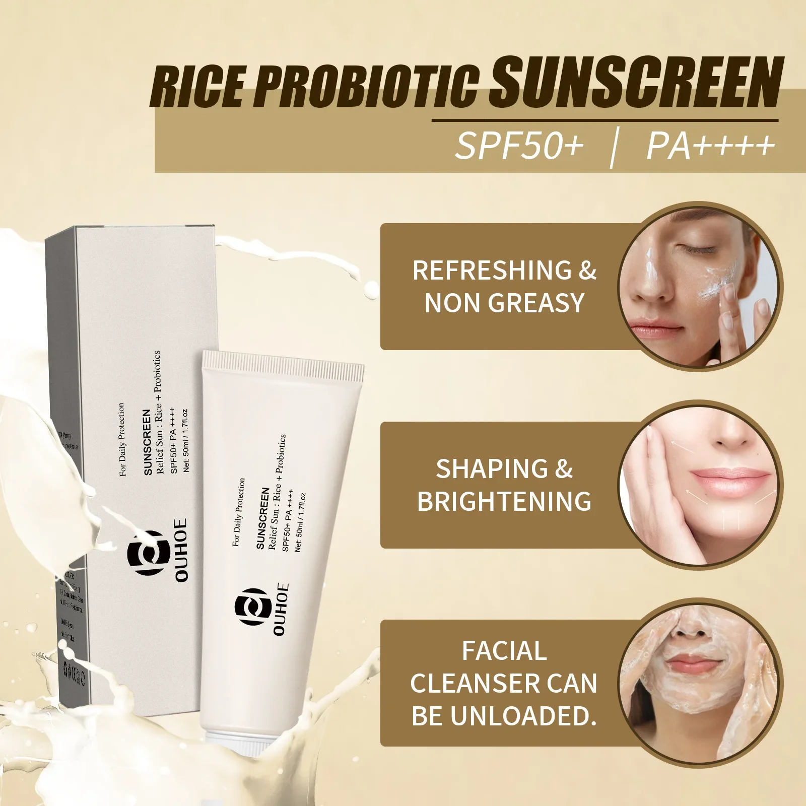 OUHOE Rice Probiotic Crema solare viso Rinfrescante Idratante Anti-UVA/UVB Protezione con SPF50+ e PA++++ - 50g