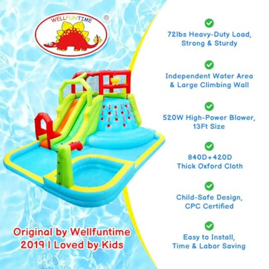 Inflatable Water Slide Park for outdoor use, PVC material, blue and yellow, includes deep pool and air blower for quick inflati