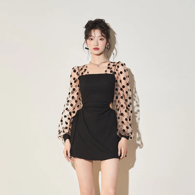 

Wisuwore 2023 Swimwear Women's Skirt One-piece Long-sleeved Fashion Conservative Small Chest Cover Belly Show Thin Swimwear