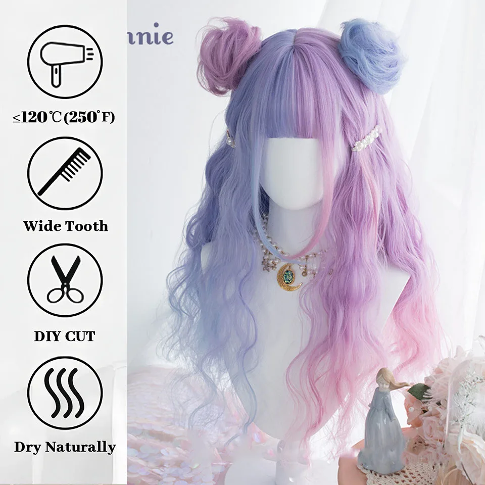 OLACARE Long Ombre Colorful Synthetic Cosplay Lolita Harajuku Wig With Bangs Natural Wavy Wigs White Green Daily Wigs