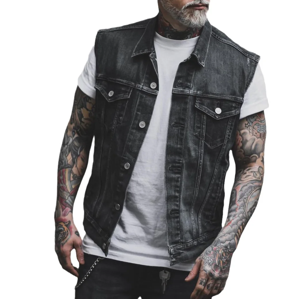 2024 Autumn And Winter New Punk Style Casual Men's Clothing Fashion Simple Street Denim Vest Sleeveless Lapel Denim Jacket