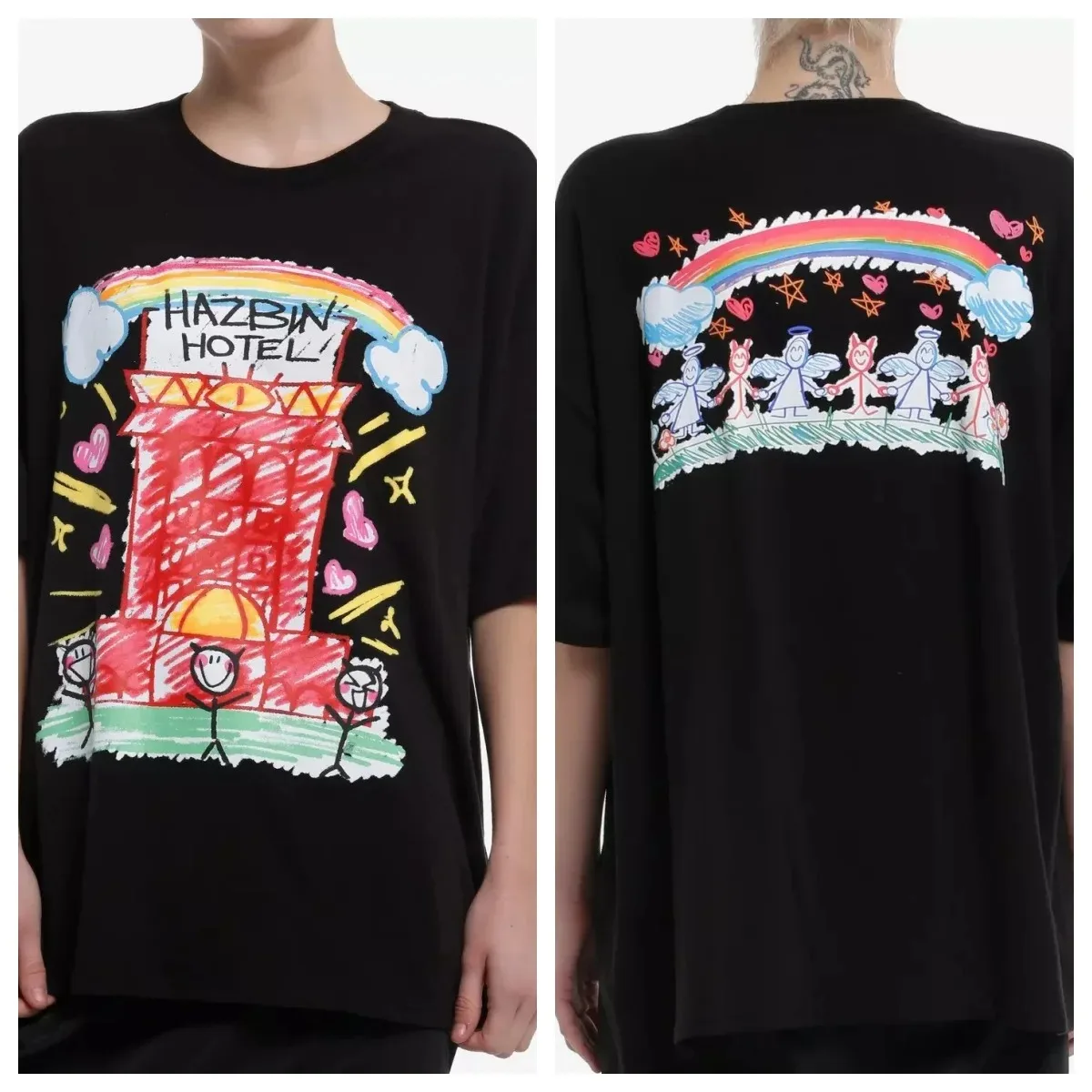 Hazbin Hotel Rosie & Alastor Ace Doppelseitiges, modisches Streetwear-T-Shirt für Männer und Frauen, bequemes, übergroßes Baumwoll-Grafik-T-Shirt Y2K