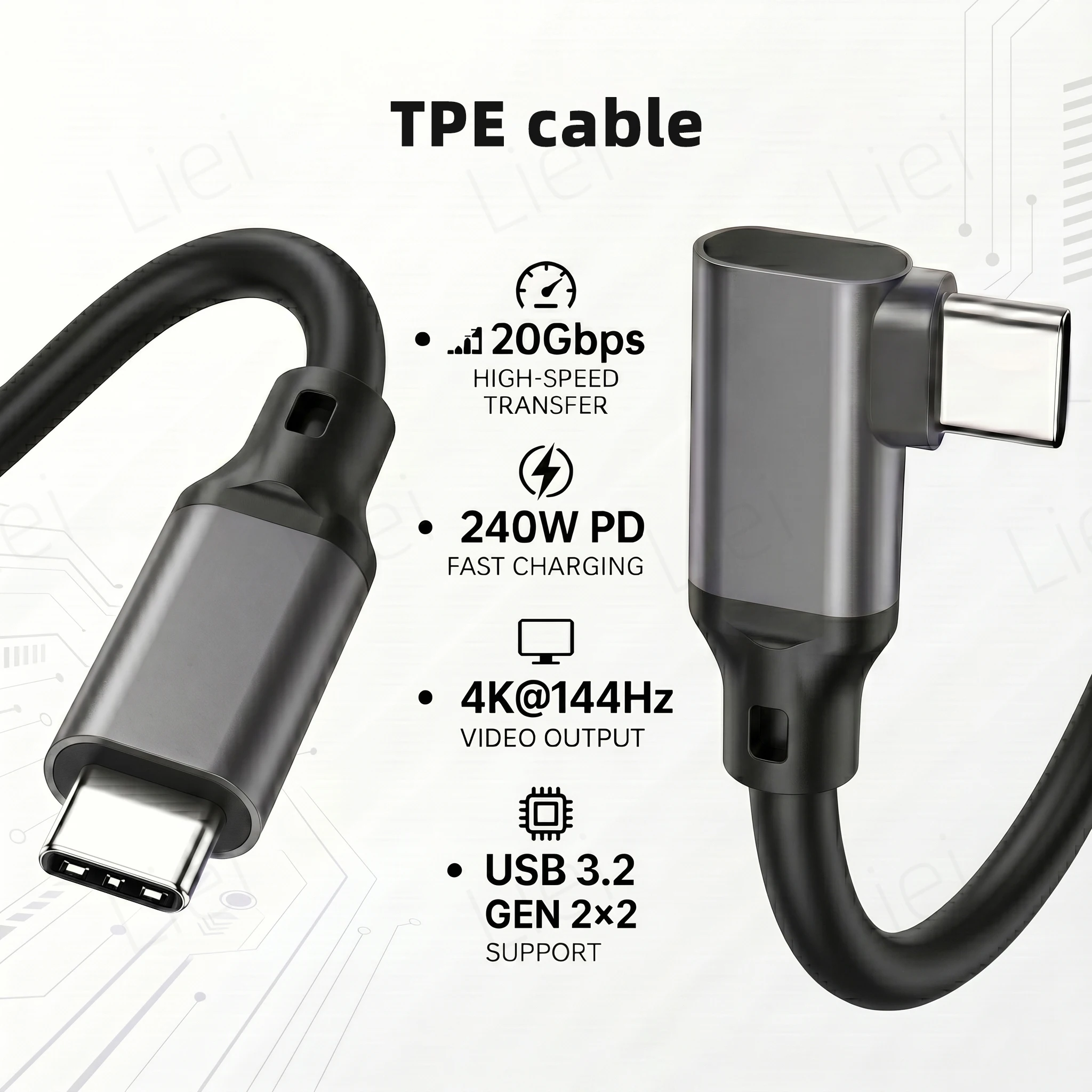 20Gbps 5K/4K Monitor-Anschlusskabel L-förmiges USB Typ-C Datenkabel Rechtwinklig 90° ° USB3.2 Gen2x2 Datenübertragung 240W PD-Ladung