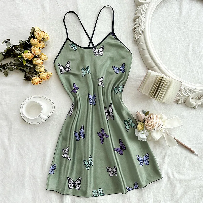 2026 Hot Selling Summer Home High-end Imitation Silk Butterfly Pattern Thin Shoulder Strap Dress for Women