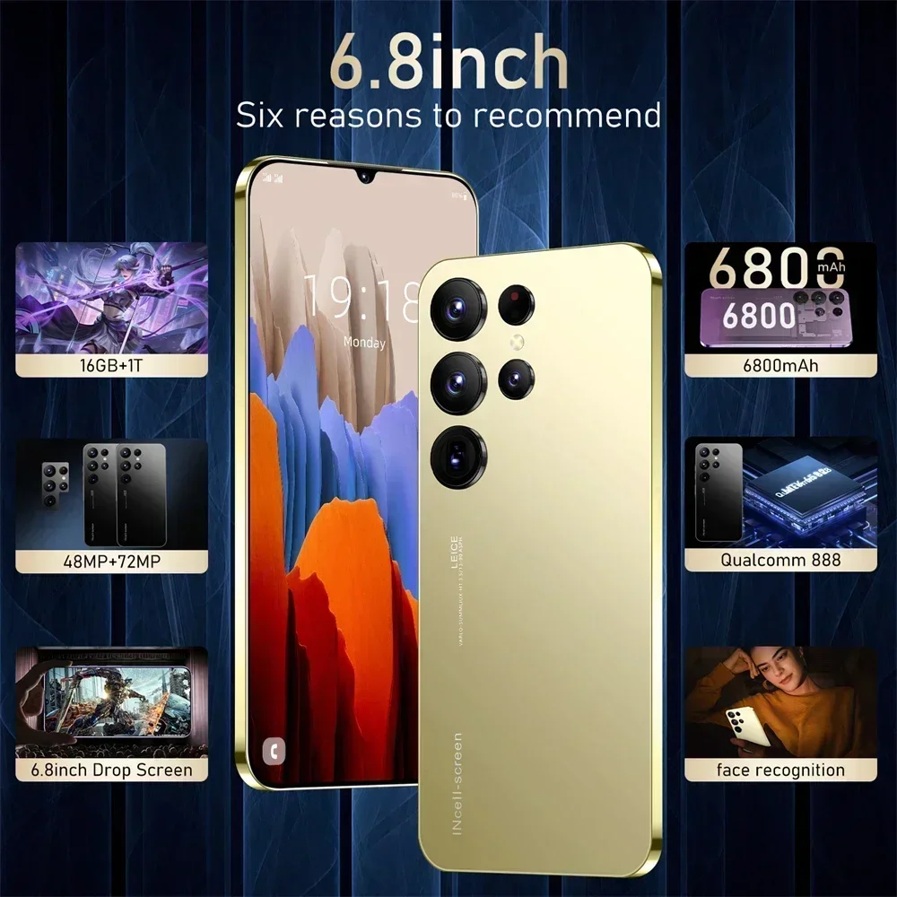 Mobile Phones S24 Ultra 6.8 HD Screen Smart Phone Original 16G+1T 5G Dual Sim Celulares Android Unlocked 72MP 6800mAh  S23 Ultra