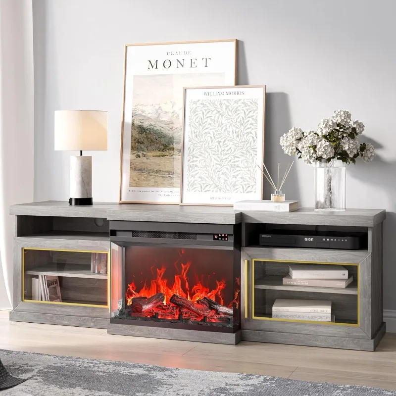 

Подставка для телевизора 68 дюймов с электрическим подогревателем для камина 23 дюйма, развлекательный центр для телевизоров до 75 дюймов, стеклянный шкаф для хранения с 3 сторонами