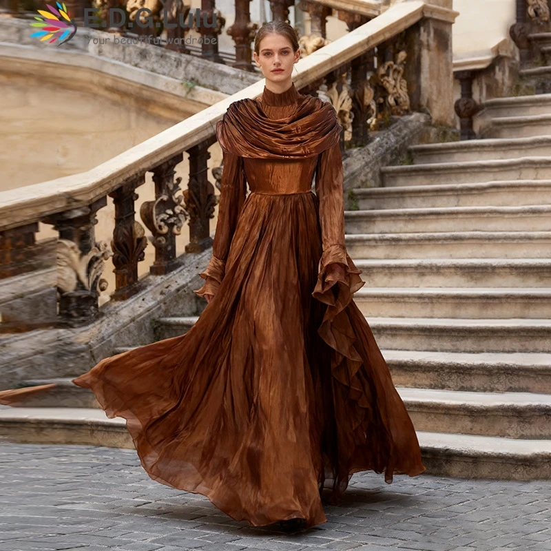 

EDGLuLu водолазка, морщинистая шаль, длинные платья, женское осеннее платье 2022, новое красное, розовое вечернее платье с лентой, 1023