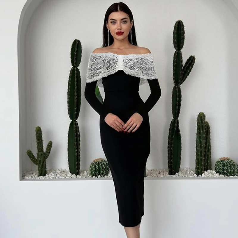 

Ticketsx Multicoloured Lace Off-the-Shoulder High-Waisted Long-Sleeved Fitted Dress Autumn Sexy Drape Dress Elegant Party Dress