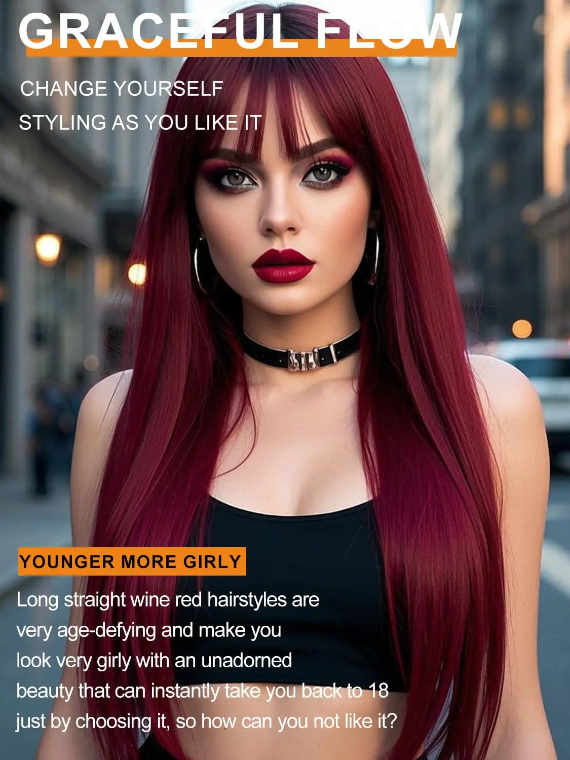 Синтетические парики винно-красного цвета, женские 26-дюймовые челки, натуральные длинные прямые волосы, повседневные вечерние косплей, чехлы на всю голову